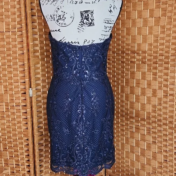 LUCCI LU, Sequins Textures Sweetheart Neckline,Elegant Navy Strapless Lace Dress - Picture 4 of 13